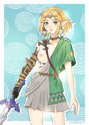  1girl absurdres archaic_set_(zelda) arms_at_sides asymmetrical_clothes black_skin blonde_hair border breasts collar colored_skin cosplay earrings fingernails green_eyes highres holding holding_sword holding_weapon jewelry jibri_art light_smile link link_(cosplay) lips looking_at_viewer master_sword medium_breasts medium_hair multicolored_skin nintendo nipples no_bra one_breast_out outside_border parted_lips pointy_ears princess_zelda solo sword the_legend_of_zelda the_legend_of_zelda:_tears_of_the_kingdom tunic twitter_username weapon white_border  rating:Questionable score:62 user:danbooru
