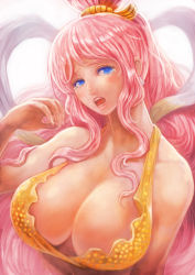  1girl bad_id bad_pixiv_id blue_eyes breasts cleavage crying earrings fishman_island huge_breasts jewelry lack large_breasts lipstick long_hair makeup one_piece pink_hair shawl shirahoshi solo tears upper_body  rating:Sensitive score:64 user:danbooru