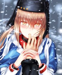 1girl blue_shawl blush brown_hair finger_in_another&#039;s_mouth fur_hat hair_between_eyes hair_ornament hairclip hat holding_another&#039;s_wrist jacket kantai_collection long_hair looking_at_viewer outdoors papakha red_eyes red_shirt sabakuomoto scarf shawl shirt snow snowing solo_focus star_(symbol) tashkent_(kancolle) torn_clothes torn_scarf twintails ushanka white_jacket white_scarf wings winter winter_clothes rating:Sensitive score:4 user:danbooru