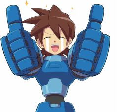  1boy aka_(s3637) brown_hair capcom closed_eyes male_focus mega_man_(series) mega_man_legends_(series) mega_man_volnutt open_mouth smile solo sparkle tears thumbs_up  rating:Sensitive score:22 user:danbooru