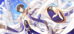 1boy artist_request black_hair blue_gemstone blue_sky brooch chain coat code_geass code_geass:_lost_stories day feathers game_cg gem half-closed_eyes happy jewelry layered_sleeves lelouch_vi_britannia lens_flare light_rays long_sleeves looking_at_viewer male_focus non-web_source official_art outdoors outstretched_arm parted_lips pillar purple_eyes reaching reaching_towards_viewer short_hair sidelocks sky smile solo sparkle standing sunlight teeth upper_body white_coat white_feathers wide_sleeves