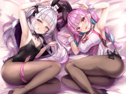 2girls :d :q animal_ears arm_up armpits arms_up bed_sheet belt black_bow black_capelet black_footwear black_leotard black_ribbon blue_hair blunt_bangs blush bow braid breasts brown_legwear capelet closed_mouth clothing_cutout extra_ears fake_animal_ears flat_chest fur-trimmed_capelet fur_trim grey_hair hair_ribbon high_heels highres hololive large_breasts legs leotard long_hair looking_at_viewer lying maid_headdress minato_aqua multiple_girls murasaki_shion navel_cutout no_shoes on_bed on_side open_mouth pantyhose pink_eyes playboy_bunny rabbit_ears ribbon smile strapless strapless_leotard thigh_belt thigh_strap thighs tongue tongue_out twin_braids twintails two_side_up virtual_youtuber white_leotard wrist_cuffs yellow_eyes yuano rating:Sensitive score:32 user:danbooru