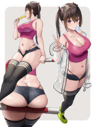  1girl ass blush breasts brown_hair blowing_bubbles butt_crack chewing_gum cleavage food highres ice_cream large_breasts looking_at_viewer multiple_views navel oekakizuki purple_eyes short_shorts shorts thighs transparent twintails  rating:Explicit score:150 user:Dark_Samy