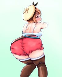 1girl artist_request ass atelier_(series) atelier_ryza bare_shoulders blush boots breasts brown_eyes brown_hair cameltoe embarrassed from_above from_behind hair_ornament hairclip hat highres looking_at_viewer looking_back open_mouth red_shorts reisalin_stout shiny_clothes shiny_skin short_hair short_shorts shorts sideboob smile solo thigh_boots thighhighs wavy_mouth rating:Questionable score:5 user:armorcrystal