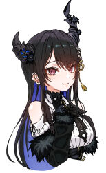  1girl asymmetrical_horns bare_shoulders belt black_belt black_bow black_bowtie black_flower black_gloves black_hair black_horns blue_hair bow bowtie breasts closed_mouth clothing_cutout collared_shirt colored_inner_hair commentary_request cropped_torso demon_horns dress_shirt flower fur-trimmed_sleeves fur_trim gloves hair_ornament hand_up hololive hololive_english horn_flower horns houshou_marine_(artist) index_finger_raised large_breasts long_hair looking_at_viewer multicolored_hair nerissa_ravencroft nerissa_ravencroft_(1st_costume) red_eyes ribbed_shirt shirt shoulder_cutout simple_background slit_pupils smile solo split_mouth tassel tassel_hair_ornament two-tone_hair uneven_horns virtual_youtuber white_background white_shirt 