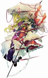  1girl absurdres bare_shoulders black_footwear black_hair blonde_hair bow closed_mouth commentary_request detached_sleeves dress face-to-face frilled_bow frilled_hair_tubes frilled_skirt frilled_sleeves frills full_body gap_(touhou) gloves gohei hair_bow hair_tubes hakurei_reimu hat highres holding holding_gohei long_hair looking_at_another mary_janes mob_cap mouth_hold parasol purple_eyes purple_tabard red_bow red_eyes red_skirt red_vest ribbon ribbon-trimmed_sleeves ribbon_in_mouth ribbon_trim shide shoes simple_background skirt socks solo tabard touhou umbrella very_long_hair vest white_background white_dress white_gloves white_sleeves white_socks wide_sleeves xian_qishui yakumo_yukari yuri 
