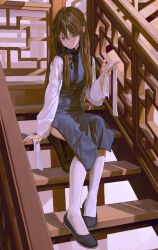  1girl absurdres arm_support black_footwear blue_dress brown_eyes brown_hair china_dress chinese_clothes closed_mouth commentary dress expressionless eyeball_bracelet_girl_(fkey) fkey hair_between_eyes hair_down hair_over_shoulder highres holding indoors lattice light_blush long_hair looking_at_viewer mole mole_under_eye original ribbon shoes side_slit sitting sitting_on_stairs sleeves_past_wrists solo stairs symbol-only_commentary thighhighs white_ribbon white_sleeves white_thighhighs wide_sleeves 