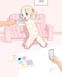 1girl 2boys blonde_hair blue_eyes blush book camera cellphone censored cleft_of_venus clitoris completely_nude couch double_v feet fingernails flat_chest food full_body gluteal_fold hair_bobbles hair_ornament highres holding holding_phone ice_cream kneeling loli looking_at_viewer male_hand mosaic_censoring multiple_boys nanjou_asuka navel nipples nude open_mouth original phone popsicle pussy pussy_juice pussy_juice_puddle smartphone solo_focus spread_legs sweat teeth toenails tongue tongue_out twintails v rating:Explicit score:139 user:Domestic_Importer
