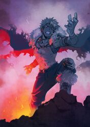1boy abs armpits bakugou_katsuki belt boku_no_hero_academia cape ear_piercing elbow_sleeve fur-trimmed_cape fur_trim grey_hair jewelry male_focus miyuli muscular muscular_male necklace nipples official_alternate_costume pants pectorals piercing red_eyes shoes solo volcano