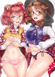 2girls absurdres apron bell black_cape blush bow bow_panties breasts brooch brown_eyes brown_hair buttons cape checkered_clothes checkered_kimono clothes_lift commentary_request cowboy_shot embarrassed glasses green_skirt groin hair_bell hair_intakes hair_ornament highres japanese_clothes jewelry kimono lifting_own_clothes long_sleeves looking_at_viewer low_twintails medium_breasts medium_hair monty1024 motoori_kosuzu multiple_girls navel no_pants open_mouth own_hands_together panties pink_panties plaid plaid_vest purple_panties purple_vest red_eyes red_hair red_kimono runes semi-rimless_eyewear shirt side-tie_panties simple_background skindentation skirt skirt_lift standing stomach sweat thigh_gap thighs touhou twintails two_side_up under-rim_eyewear underwear usami_sumireko vest white_background white_kimono white_shirt yellow_apron rating:Sensitive score:17 user:danbooru