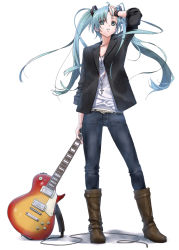  1girl alternate_costume belt blazer blue_eyes blue_hair boots casual cross cross_necklace denim fashion guitar hand_in_own_hair hatsune_miku instrument jacket jeans jewelry long_hair matching_hair/eyes nagareboshi necklace pants pants_tucked_in sleeves_rolled_up solo twintails vocaloid wristband  rating:Sensitive score:8 user:danbooru