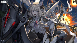  absurdres blonde_hair blue_eyes cropped crown_(nikke) dress drill_hair explosion gauntlets goddess_of_victory:_nikke gun hair_intakes highres horseback_riding long_hair long_sleeves looking_at_viewer lower_teeth_only machine_gun non-humanoid_robot official_art open_mouth outdoors riding robot robot_animal second-party_source sidelocks teeth tongue trombe_(nikke) weapon white_dress 