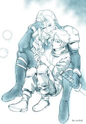  2boys armor ax0057 between_legs blue_theme boots bracer braid braiding_hair cloud_strife coat commentary crisis_core_final_fantasy_vii dated elbow_rest final_fantasy final_fantasy_vii flower flower_braid full_body gloves hair_flower hair_ornament hair_over_shoulder hair_tie hair_tie_in_mouth hairdressing hand_on_own_forehead head_rest highres holding holding_sword holding_weapon katana knee_boots knee_pads knees_up light_smile long_hair long_sleeves looking_at_another looking_down male_focus monochrome mouth_hold multiple_boys pants parted_lips pauldrons scarf sephiroth shinra_infantry_uniform short_hair shoulder_armor signature single_braid sitting spiked_hair spread_legs sword weapon 