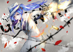  1girl absurdres barbed_wire black_gloves blue_eyes blue_hair breasts character_request dress dress_shirt firing gloves gun hair_ornament handgun hat highres holding holding_gun holding_weapon jacket large_breasts long_hair looking_at_viewer looking_back mouth_hold muzzle_flash petals porkpie_hat purple_gloves revolver shell_casing shirt sidelocks solo tower_of_saviors twintails vardan weapon white_headwear white_shirt 