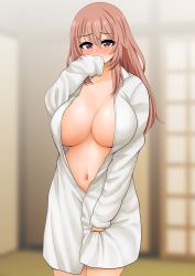  1girl absurdres blush breasts collarbone covering_own_mouth hand_over_own_mouth highres huge_breasts indoors inui_shinju large_breasts long_hair naked_shirt navel oversized_clothes oversized_shirt pink_hair purple_eyes shiny_skin shirt shouji sliding_doors solo sono_bisque_doll_wa_koi_wo_suru standing stomach the_only_shoe  rating:Questionable score:88 user:danbooru