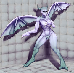  1girl aogami breasts claws clitoris demon demon_wings female_focus full_body highres horns large_breasts monster_girl no_humans nude padded_room padded_walls pussy solo thrill_kill uncensored wings  rating:Explicit score:17 user:guntrame