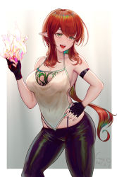  1girl absurdres black_gloves black_pants chinese_commentary commentary_request constant_qiu dated elf fingerless_gloves fire gloves green_eyes hair_between_eyes hand_on_own_hip highleg highres long_hair looking_at_viewer open_mouth original pants panty_straps pointy_ears pyrokinesis red_hair shirt signature simple_background sleeveless sleeveless_shirt solo very_long_hair white_shirt  rating:Sensitive score:16 user:danbooru