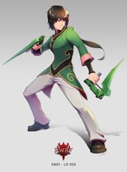  1boy absurdres black_hair brown_footwear character_name chinese_clothes closed_mouth commentary copyright_name dual_wielding english_commentary green_jacket grey_background gun handgun highres holding holding_gun holding_weapon jacket lie_ren long_hair long_sleeves m1911 male_focus pants pink_eyes ponytail rwby standing uyalago weapon white_pants 