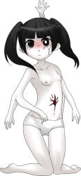 1girl black_eyes black_hair blush colored_skin extra_arms flat_chest greyscale messier_number monochrome monoko monster_girl pale_skin panties simple_background solo stomach_wound tears twintails underwear white_background white_skin yume_nikki rating:Explicit score:18 user:danbooru
