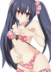  10s 1girl bad_id bad_pixiv_id bikini black_hair blush breast_slip clothes_pull covering_privates covering_breasts female_focus meimu_(infinity) navel neptune_(series) noire_(neptunia) one_breast_out pink_bikini polka_dot polka_dot_bikini polka_dot_swimsuit red_eyes skirt skirt_pull solo swimsuit twintails  rating:Questionable score:28 user:danbooru