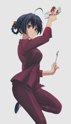  1girl ahoge black_hair blouse bra_strap breasts choker chuunibyou_demo_koi_ga_shitai! commentary_request cowboy_shot gradient_background grey_background hair_between_eyes holding holding_ladle ladle large_breasts long_hair looking_at_viewer pants red_eyes red_pants red_shirt shirt solo standing takanashi_touka very_long_hair 