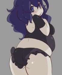 1girl ass belly blush breasts creatures_(company) fat female_focus from_behind game_freak hex_maniac_(pokemon) highres medium_breasts nintendo npc_trainer pokemon pokemon_xy purple_eyes purple_hair solo standing rating:Questionable score:16 user:leejunne