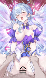  1boy 1girl absurdres bar_censor bare_shoulders blue_hair blush breasts censored closed_eyes cum cum_in_pussy daram_(shappydude) detached_sleeves earrings ejaculation facial_mark female_orgasm gloves glowing halo happy_sex head_wings hetero highres holding_another&#039;s_arm honkai:_star_rail honkai_(series) jewelry long_hair medium_breasts missionary motion_lines nipples on_bed open_mouth orgasm pillow pov pussy pussy_juice robin_(honkai:_star_rail) saliva single_earring sweat tongue tongue_out very_long_hair white_gloves wings  rating:Explicit score:23 user:danbooru