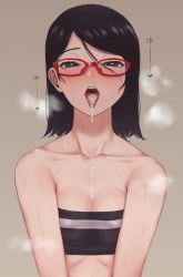 1girl bad_id bad_pixiv_id bandeau bare_shoulders black_eyes black_hair blush boruto:_naruto_next_generations breasts breath brown_background cleavage collarbone commentary_request cum cum_in_mouth cum_on_tongue glasses heart heart-shaped_pupils heavy_breathing highres long_hair looking_at_viewer medium_breasts mil_k_vanilla naruto naruto_(series) open_mouth red-framed_eyewear saliva short_hair simple_background solo sweat symbol-shaped_pupils teeth tongue tongue_out uchiha_sarada upper_body uvula rating:Explicit score:392 user:danbooru