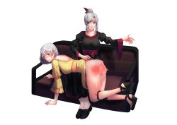  2girls absurdres ass assisted_exposure black_panties blush breasts clothes_lift commission couch dress dress_lift grey_hair hair_bun high_heels highres large_breasts loafers medium_breasts medium_hair motion_lines multiple_girls nose_blush over_the_knee panties panty_pull pixiv_commission ridu2 sandals shoes single_hair_bun spanked spanking tearing_up thighs underwear wedge_heels white_background 