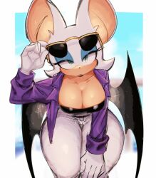  1girl adjusting_eyewear bat_girl bat_wings blue_eyeshadow breasts cleavage eyeshadow eyewear_on_head furry furry_female green_eyes large_breasts leaning_forward looking_at_viewer makeup official_alternate_costume open_clothes rouge_the_bat solo sonic_(series) sunglasses the_murder_of_sonic_the_hedgehog thick_thighs thighs usa37107692 wide_hips wings  rating:Sensitive score:90 user:danbooru