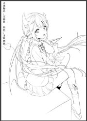  1girl :d boots bow center_frills collared_shirt copyright_request demon_girl demon_horns demon_tail demon_wings frills greyscale hair_ornament hairclip haneru highres holding horns jacket long_hair looking_at_viewer looking_to_the_side low_twintails monochrome open_mouth paper_airplane pleated_skirt pointy_ears shirt simple_background sitting skirt smile socks solo tail translation_request twintails very_long_hair white_background wings x_hair_ornament 