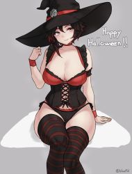 1girl black_corset black_hair black_panties bluefield blush breasts cleavage corset frills gradient_hair grey_eyes halloween hat highres large_breasts looking_at_viewer multicolored_hair navel panties red_hair ruby_rose rwby short_hair sitting smile solo striped_clothes striped_thighhighs thighhighs thighs two-tone_hair underwear witch witch_hat rating:Sensitive score:172 user:danbooru