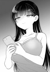  1girl breasts camisole cellphone cleavage gradient_background greyscale highres holding holding_phone large_breasts long_hair manga_page monochrome phone smartphone smile solo  rating:General score:1 user:padded_popper