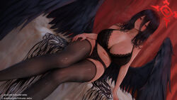 1girl black_bra black_hair black_panties black_thighhighs black_wings blue_archive blush bra breasts breath cleavage collarbone commentary curtains dutch_angle feet_out_of_frame groin hair_between_eyes halo hasumi_(blue_archive) huge_breasts indoors kitsune-neko lace lace-trimmed_bra lace-trimmed_panties lace_trim lingerie long_hair long_hair_between_eyes looking_at_viewer navel panties patreon_username pixiv_username red_eyes sitting solo stomach thighhighs underwear very_long_hair wings