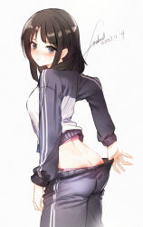  1girl artist_name ass blue_eyes blush brown_hair butt_crack clothes_pull dated fireball_666 highres jacket looking_at_viewer medium_hair open_mouth original panties pants pants_pull spanked track_jacket track_pants underwear white_background 