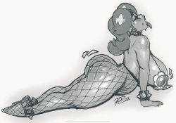  1girl anklet ass barefoot breasts collar earrings fishnets flower_earrings highres huge_ass huge_breasts jewelry large_breasts legs mario_(series) nintendo princess_daisy robaato solo super_mario_land thick_thighs thighs tongue tongue_out  rating:Explicit score:86 user:Busterflip