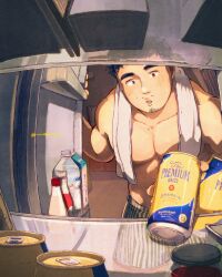  1boy :o bara beer_can blush boxers can drink_can facial_hair goatee_stubble gow highres leaning_forward male_focus male_underwear muscular muscular_male mustache_stubble original pectorals pov refrigerator_interior sanpaku short_hair solo stubble thick_eyebrows topless_male towel towel_around_neck underwear 