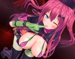  1girl bent_over bikini bikini_top_only blush breasts cat cosplay fate/grand_order fate_(series) female_focus florence_nightingale_(fate) florence_nightingale_(fate)_(cosplay) florence_nightingale_(trick_or_treatment)_(fate)_(cosplay) gloves green_gloves hair_ornament large_breasts latex latex_gloves long_hair looking_at_viewer minamo(pixiv27420842) nurse nurse_gloves one_eye_closed purple_eyes red_hair smile solo standing swimsuit thighhighs florence_nightingale_(trick_or_treatment)_(fate) twintails wink 