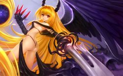 1girl :q absurdly_long_hair arm_blade ass black_wings blonde_hair claws feathered_wings horns konjiki_no_yami long_hair looking_at_viewer looking_back prehensile_hair red_eyes revealing_clothes solo star_(sky) sword thigh_strap to_love-ru tongue tongue_out very_long_hair weapon wings rating:Sensitive score:16 user:danbooru