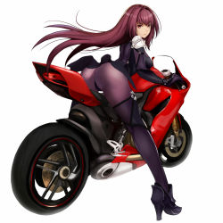  1girl ankle_boots armor ass bad_id bad_pixiv_id black_footwear bodysuit boots breasts closed_mouth eyebrows fate/grand_order fate_(series) female_focus floating_hair from_behind full_body gloves hair_intakes high_heel_boots high_heels jilllxlxl large_breasts leaning leaning_forward legs lips long_hair looking_at_viewer looking_back motor_vehicle motorcycle pauldrons purple_bodysuit red_eyes red_hair riding scathach_(fate) serious shoes shoulder_armor simple_background solo type-moon vehicle waist_cape white_background  rating:Sensitive score:57 user:danbooru