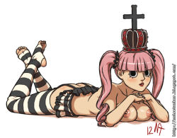  breasts crown large_breasts nipples noise_tanker one_piece perona pink_hair tagme thighhighs toeless_legwear topless twintails  rating:Questionable score:65 user:happap