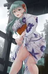  1girl absurdres aqua_hair commission hair_ornament hairclip highres japanese_clothes k_jie kantai_collection kimono long_hair open_mouth outdoors panties rain red_panties see-through skeb_commission suzuya_(kancolle) teeth underwear upper_teeth_only wet wet_clothes white_kimono wringing_clothes yukata 