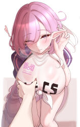  1girl absurdres alternate_breast_size bow breasts bright_pupils collarbone commentary elysia_(herrscher_of_human:ego)_(honkai_impact) elysia_(honkai_impact) eyes_visible_through_hair from_above grabbing grabbing_another&#039;s_breast hair_bow hair_intakes hair_over_one_eye half-closed_eye hand_on_own_knee highres honkai_(series) honkai_impact_3rd huge_breasts laxiusart long_hair looking_at_viewer low-braided_long_hair low-tied_long_hair multicolored_hair nail_polish official_alternate_costume one_eye_closed pink_eyes pink_hair pink_nails pink_sarong pointy_ears pov pov_hands see-through see-through_shirt shirt sitting smile solo streaked_hair sweat teeth tied_shirt very_long_hair white_background white_pupils white_shirt 