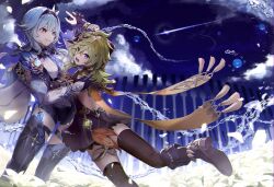  2girls backless_outfit black_gloves black_thighhighs blue_hair boots breasts bridal_gauntlets capelet chest_harness cloud collei_(genshin_impact) comet dancing eula_(genshin_impact) feet_out_of_frame field flower flower_field foot_out_of_frame genshin_impact gloves green_hair hand_on_another&#039;s_hip harness holding_hands hydro_eidolon_(genshin_impact) interlocked_fingers kamino_eru long_sleeves medium_hair multiple_girls purple_eyes sky sweatdrop thighhighs tripping vision_(genshin_impact) water 