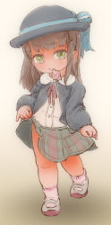 1girl brown_hair cardigan clothes_lift condom condom_in_mouth feral_lemma green_eyes hair_ornament hairclip hairpin hat highres legs loli long_hair looking_at_viewer mouth_hold original ribbon school_uniform shirt shoes skirt skirt_lift smile socks solo uwabaki rating:Questionable score:39 user:danbooru
