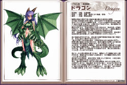  1girl animal_hands body_jewelry character_profile claws dragon dragon_(monster_girl_encyclopedia) dragon_girl gem green_wings head_wings horns jewelry kenkou_cross loincloth long_hair monster_girl monster_girl_encyclopedia navel official_art purple_hair scales solo tail translation_request wings yellow_eyes  rating:Sensitive score:47 user:Nillard