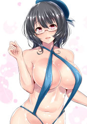 10s 1girl :d absurdres bare_arms bare_shoulders beret bespectacled black_hair blue_hat blue_one-piece_swimsuit blue_slingshot_swimsuit blush breasts cleavage collarbone covered_erect_nipples glasses groin hand_up hat head_tilt highres kantai_collection large_breasts navel one-piece_swimsuit open_mouth red-framed_eyewear red_eyes revealing_clothes round_teeth sankakusui semi-rimless_eyewear shiny_skin short_hair simple_background slingshot_swimsuit smile solo stomach swimsuit takao_(kancolle) teeth under-rim_eyewear upper_body white_background rating:Questionable score:28 user:danbooru