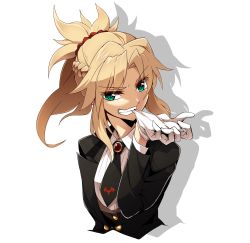  1girl biting blonde_hair braid breasts fate/apocrypha fate/grand_order fate_(series) formal gem glove_biting gloves green_eyes hair_ornament hair_scrunchie heroic_spirit_formal_dress highres jacket looking_at_viewer mordred_(fate) mordred_(fate/apocrypha) mordred_(formal_dress)_(fate) necktie ponytail puchi-pochi red_scrunchie scrunchie small_breasts smile solo suit suit_jacket teeth 