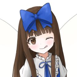  1girl :q blue_bow blue_dress blue_ribbon blunt_bangs blush bow brown_eyes brown_hair commentary_request csendes dot_nose dress eyebrows_hidden_by_hair fairy_wings frilled_shirt_collar frills hair_bow highres long_hair looking_at_viewer ribbon sidelocks solo star_sapphire tongue tongue_out touhou transparent_background upper_body wings 