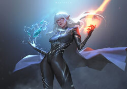  1girl blue_eyes bodysuit breasts cloak electricity fire large_breasts lips long_hair looking_at_viewer maoxfhan original pointy_ears skin_tight solo standing two-tone_bodysuit white_hair 